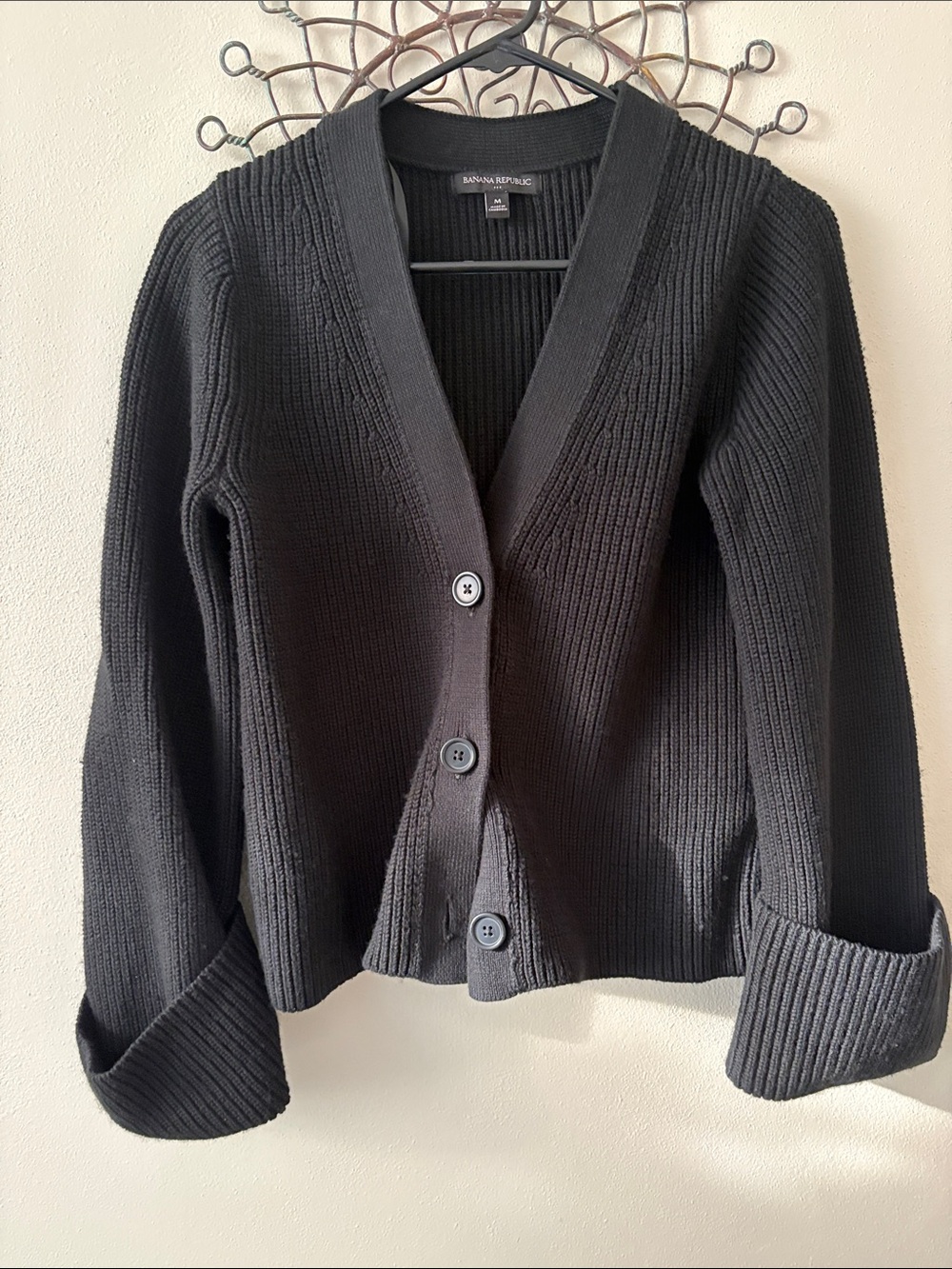 Banana Republic Black Ribbed V-Neck Button-Front Cardigan